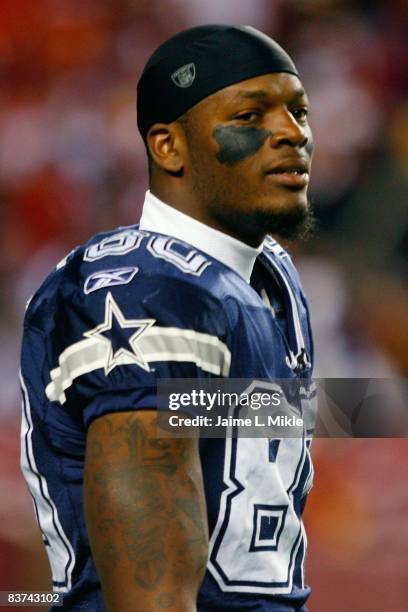 Martellus Bennett of the Dallas Cowboys looks on during warmups before the game against the Washington Redskins on November 16, 2008 at FedEx Field...