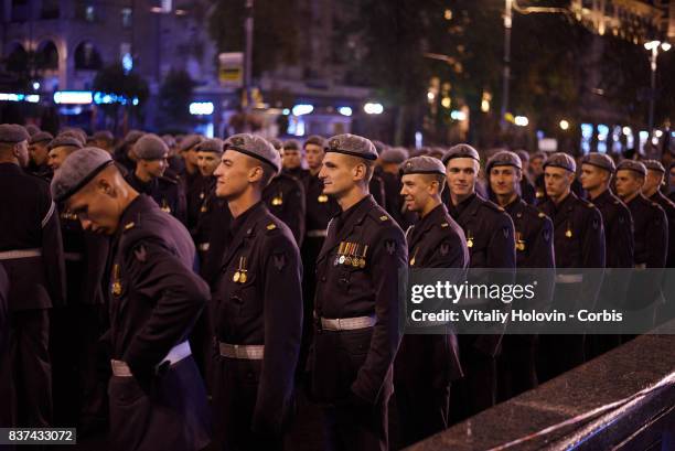 Soldiers take part in rehearsal for the military parade which will be held in honour of Independence Day on a central street of Khreshchatyk on...