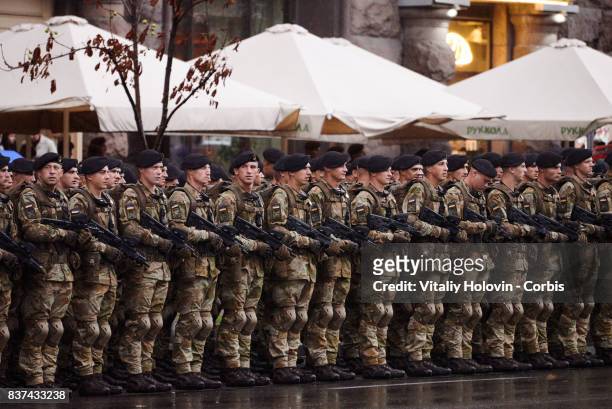 Ukrainian soldiers take part in rehearsal for the military parade which will be held in honour of Independence Day on a central street of...