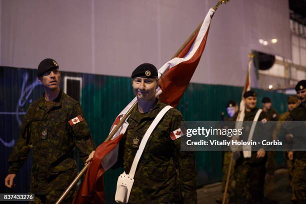 Canadian soldiers take part in rehearsal for the military parade which will be held in honour of Independence Day on a central street of Khreshchatyk...