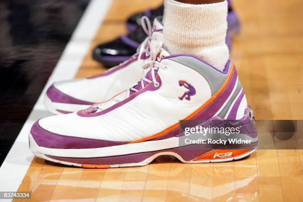 Close up view of the footwear worn by Shaquille O'Neal of the Phoenix Suns during the game against the Sacramento Kings at Arco Arena on November 14,...