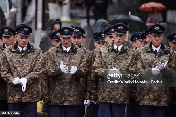 Ukrainian soldiers take part in rehearsal for the military parade which will be held in honour of Independence Day on a central street of...