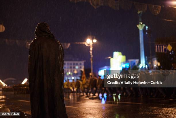 Ukrainian soldiers take part in rehearsal for the military parade which will be held in honour of Independence Day on a central street of...