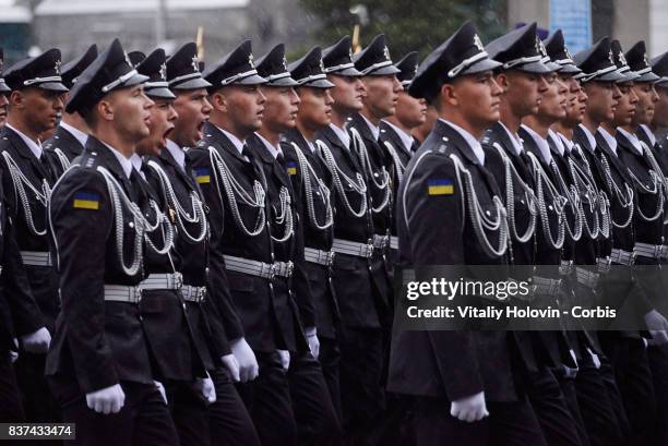 Ukrainian soldiers take part in rehearsal for the military parade which will be held in honour of Independence Day on a central street of...