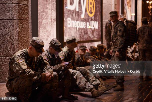 American soldiers take part in rehearsal for the military parade which will be held in honour of Independence Day on a central street of Khreshchatyk...