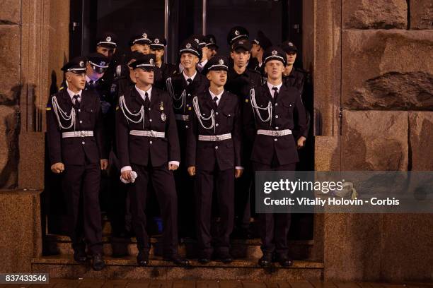 Ukrainian soldiers take part in rehearsal for the military parade which will be held in honour of Independence Day on a central street of...