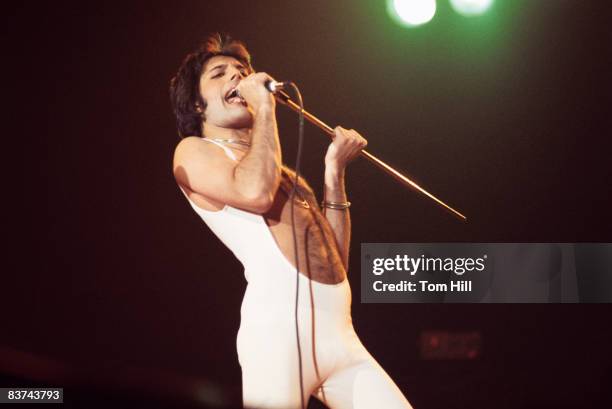 February 21: Singer-frontman Freddie Mercury performs with Queen at the Omni Coliseum on February 21, 1977 in Atlanta, Georgia.