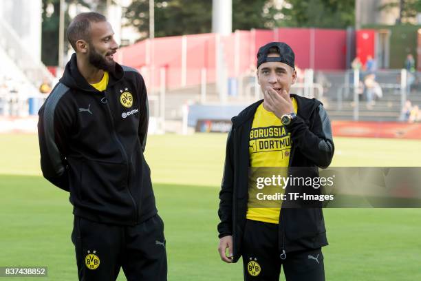 Oemer Toprak of Dortmund and Emre Mor of Dortmund looks on during a friendly match between Espanyol Barcelona and Borussia Dortmund as part of the...