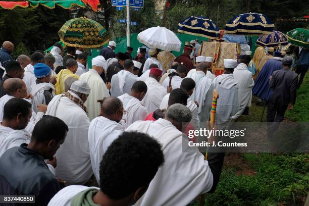 Priests carrying the Tabot, a representation of the Ark of the Covenant lead followers of the Ethiopian Orthodox Tewehedo faith in a procession from...