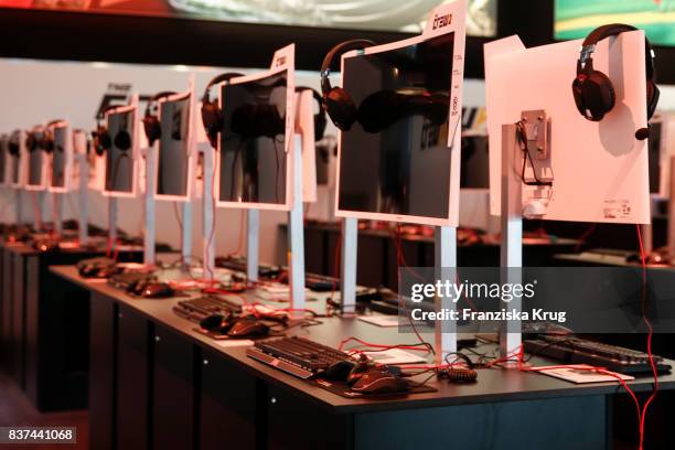 Game consoles at the Gamescom 2017 gaming trade fair during the media day on August 22, 2017 in Cologne, Germany. Gamescom is the world's largest...