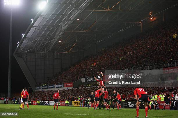 Jason Eaton of the All Blacks is lifted in the lineout during the Munster V New Zealand All Blacks rugby match at Thomond Park on November 18, 2008...
