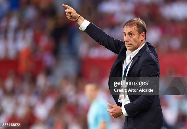 Head coach of Istanbul Basaksehir Abdullah Avci reacts during the UEFA Champions League Qualifying Play-Offs round second leg match between Sevilla...