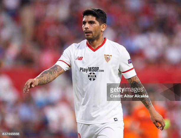 Ever Banega of Sevilla FC looks onduring the UEFA Champions League Qualifying Play-Offs round second leg match between Sevilla FC and Istanbul...