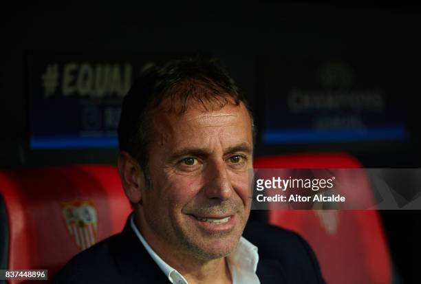 Head coach of Istanbul Basaksehir Abdullah Avci looks on during the UEFA Champions League Qualifying Play-Offs round second leg match between Sevilla...