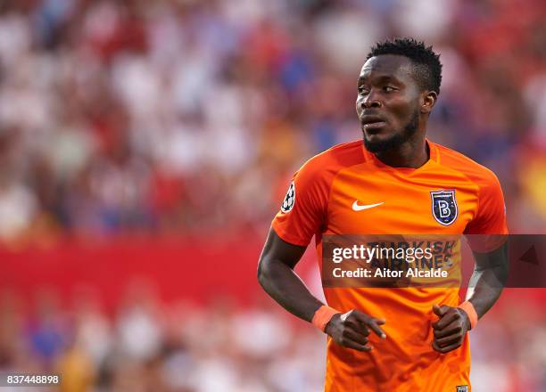 Joseph Attamah of Istanbul Basaksehir looks on during the UEFA Champions League Qualifying Play-Offs round second leg match between Sevilla FC and...