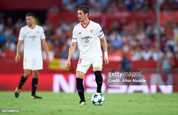 Sergio Escudero of Sevilla FC in action during the UEFA Champions League Qualifying Play-Offs round second leg match between Sevilla FC and Istanbul...