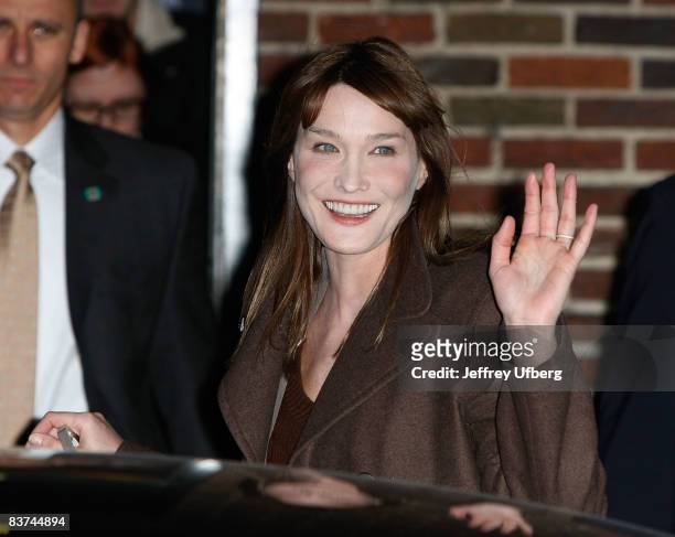 France's First Lady Carla Bruni-Sarkozy visits "Late Show with David Letterman" at the Ed Sullivan Theater on November 18, 2008 in New York City.