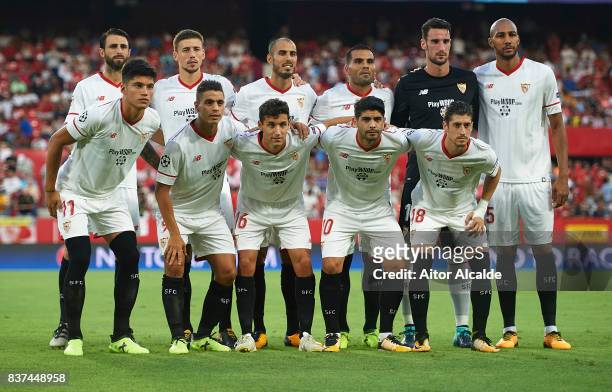 Team of Sevilla FC prior to the UEFA Champions League Qualifying Play-Offs round second leg match between Sevilla FC and Istanbul Basaksehir F.K. At...