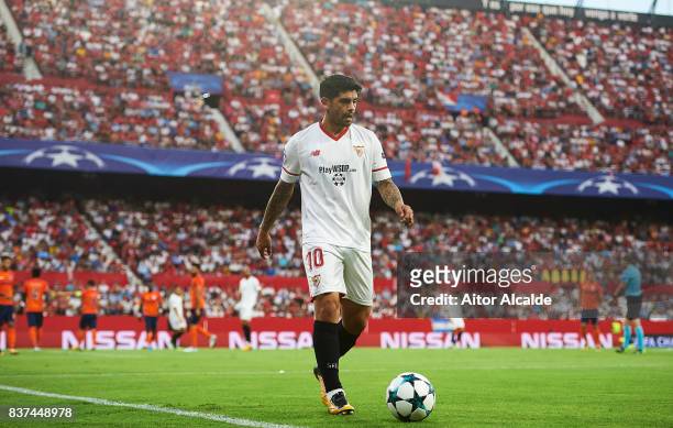 Ever Banega of Sevilla FC looks on during the UEFA Champions League Qualifying Play-Offs round second leg match between Sevilla FC and Istanbul...