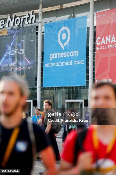 The entrance to the Gamescom 2017 gaming trade fair during the media day on August 22, 2017 in Cologne, Germany. Gamescom is the world's largest...