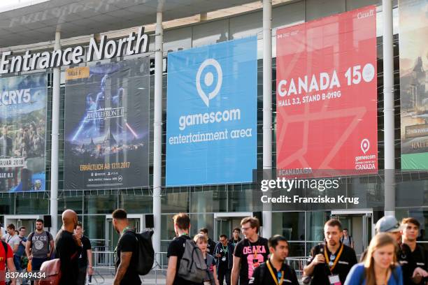 The entrance to the Gamescom 2017 gaming trade fair during the media day on August 22, 2017 in Cologne, Germany. Gamescom is the world's largest...