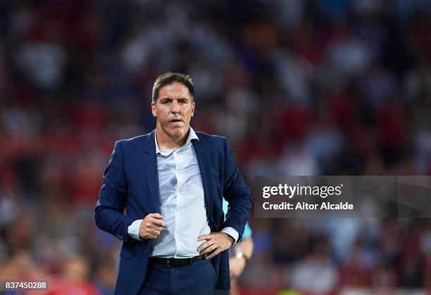 Head Coach of Sevilla FC Eduardo Berizzo of Sevilla FC looks on during the UEFA Champions League Qualifying Play-Offs round second leg match between...