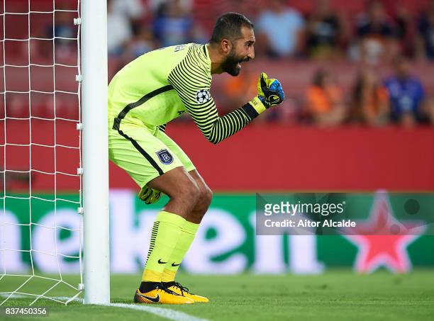 Volkan Babacan of Istanbul Basaksehir reacts during the UEFA Champions League Qualifying Play-Offs round second leg match between Sevilla FC and...