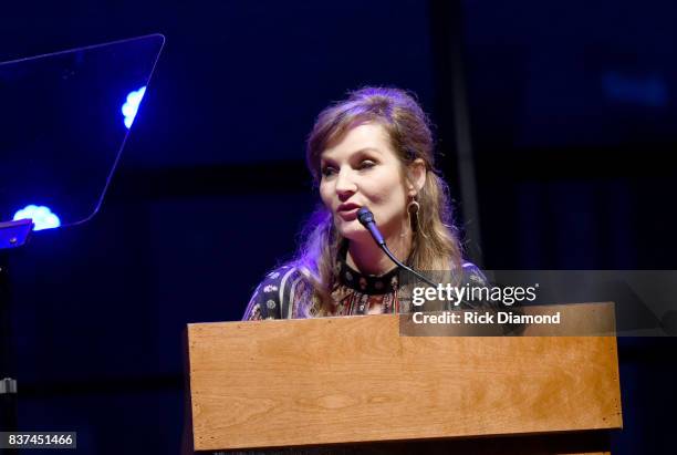 Patsy Lynn Russell speaks onstage during the exhibition opening of Loretta Lynn: Blue Kentucky Girl at Country Music Hall of Fame and Museum on...