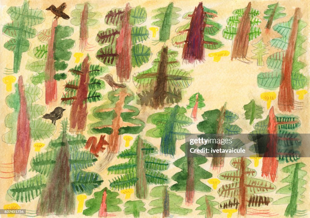 Mixed media painting of woods,birds and squirrel