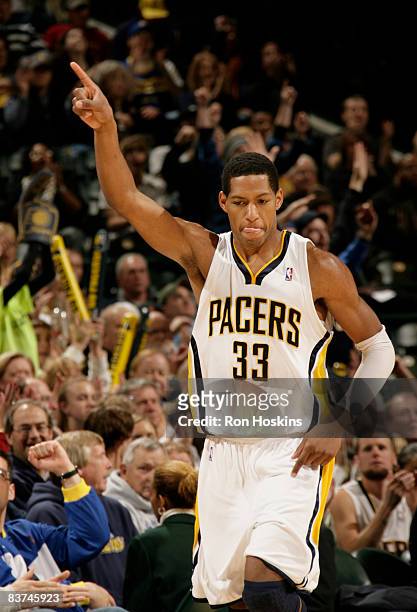 Danny Granger of the Indiana Pacers reacts scoring against the Atlanta Hawks at Conseco Fieldhouse on November 18, 2008 in Indianapolis, Indiana. The...