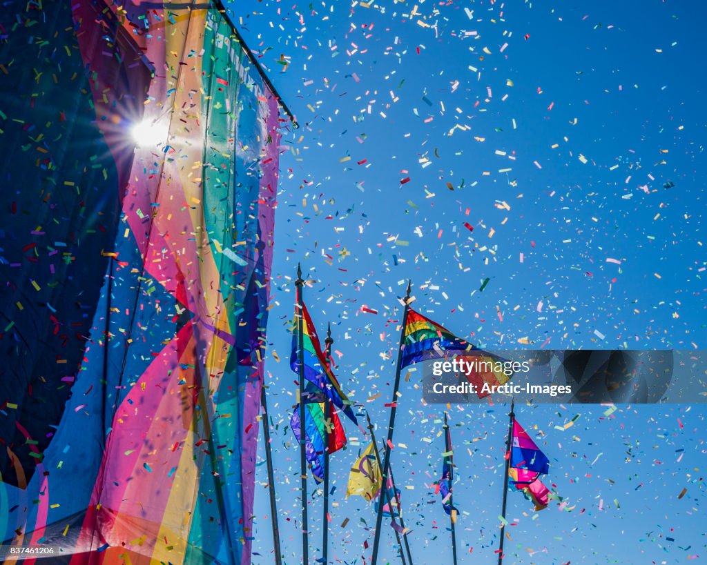 Gay Pride Parade, Rainbow flags and Confetti, Reykjavik, Iceland