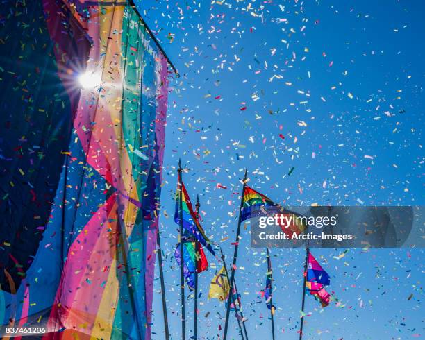 gay pride parade, rainbow flags and confetti, reykjavik, iceland - pride foto e immagini stock