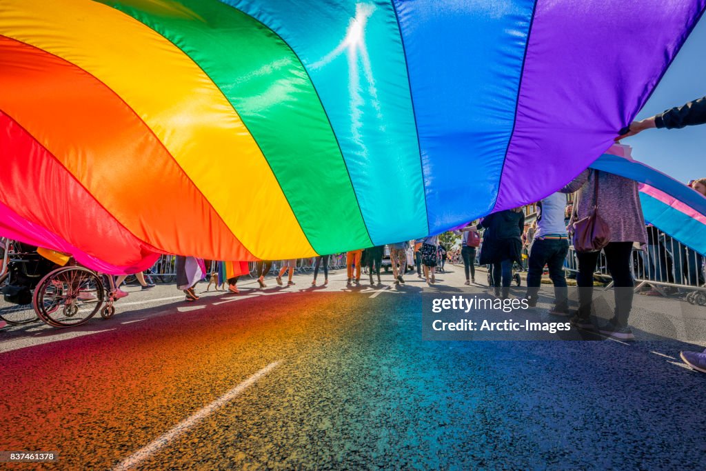 Gay Pride Parade-People marching with a large Flag, Reykjavik, Iceland