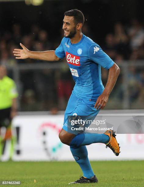 Faouzi Ghoulam of SSC Napoli celebrates his goal during the Serie A match between Hellas Verona and SSC Napoli at Stadio Marcantonio Bentegodi on...