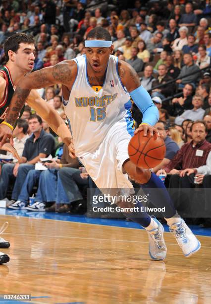 Carmelo Anthony of the Denver Nuggets goes to the basket against the Milwaukee Bucks at the Pepsi Center November 18, 2008 in Denver, Colorado. NOTE...