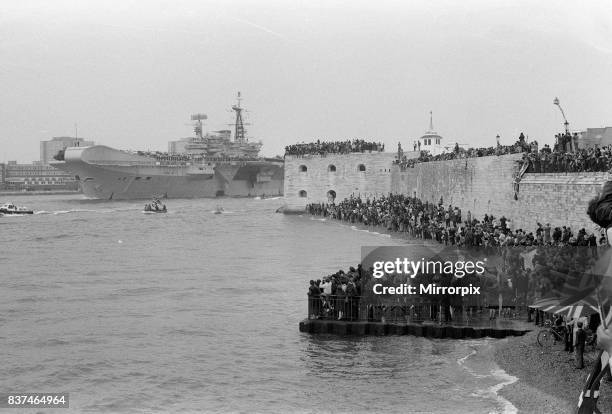 Royal Navy task force set sail fot the Falklands the carriers Invincible and Hermes leave portsmouth April 1982.