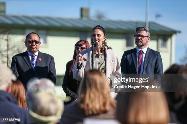 Labour leader Jacinda Ardern speaks, while from left, MP for Te Tai Hauauru, Adrian Rurawhe, candidate for Rangitikei, Heather Warren, and MP for...