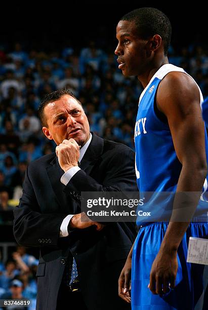 Head coach Billy Gillispie of the Kentucky Wildcats questions a foul by Darius Miller during the game against the North Carolina Tar Heels at the...