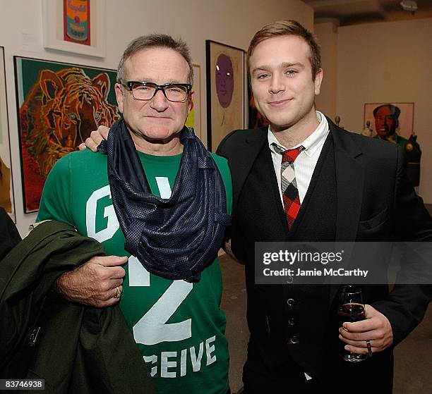 Robin Williams and Zak Williams attend the Timo Pre Fall 2009 Launch with Interview Magazine at Phillips De Pury on November 18, 2008 in New York...