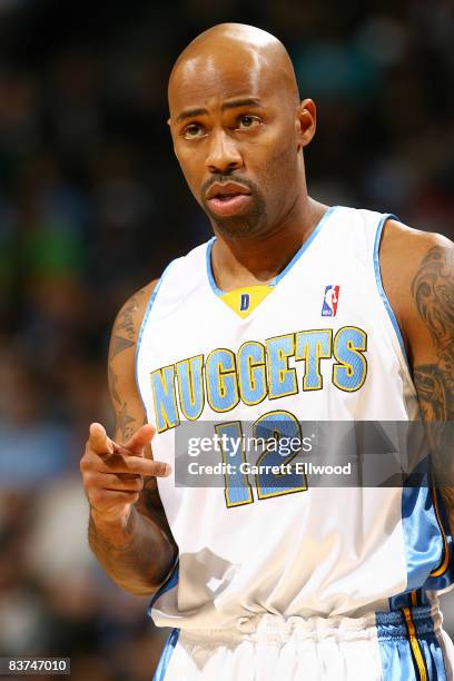 Chucky Atkins of the Denver Nuggets reacts to a call against the Milwaukee Bucks at the Pepsi Center November 18, 2008 in Denver, Colorado. NOTE TO...