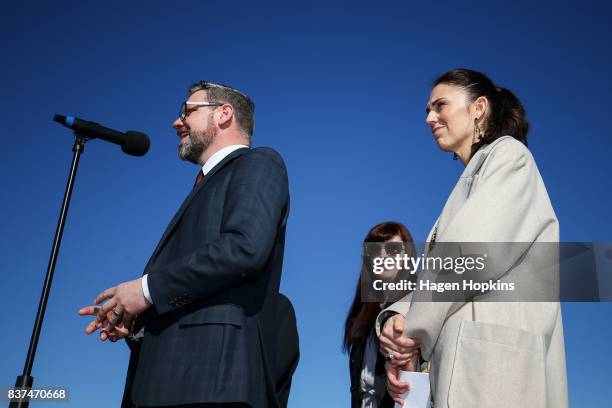 For Palmerston North, Iain Lees-Galloway, speaks while Labour leader Jacinda Ardern and candidate for Rangitikei, Heather Warren, look on during a...