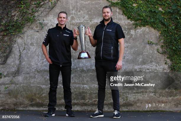 Will Davison and Jonathon Webb from Tekno Autosports pose with the Peter Brock Trophy during the Bathurst 1000 Legends and Heroes Media Call in The...