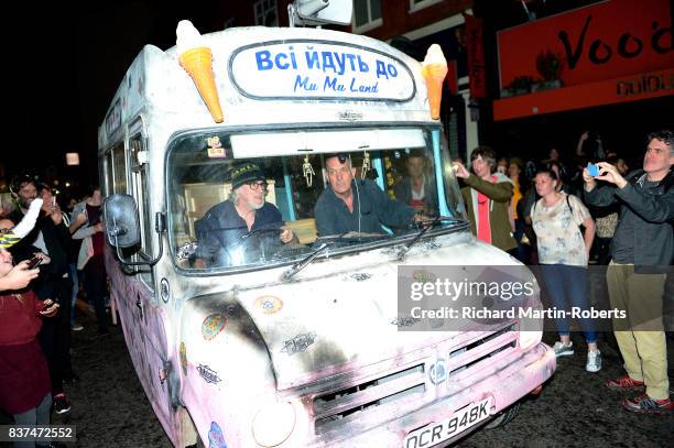 Bill Drummond and Jimmy Cauty arrive at the News from Nowhere Bookshop as The Justified Ancients of Mu Mu Present 'Welcome To The Dark Ages' on...