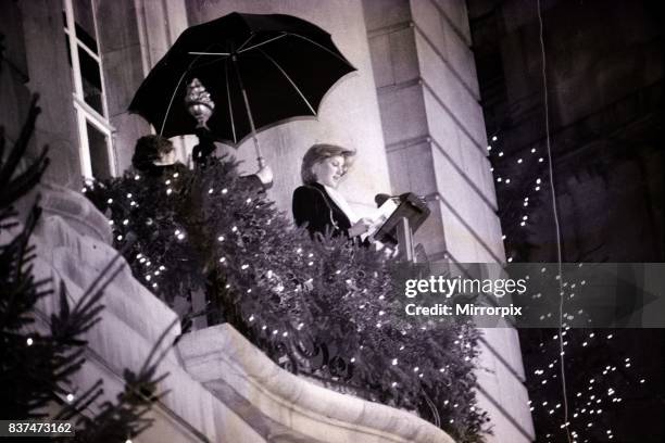 Princess Diana turns on the Christmas lights on Regent Street, November 1981. Seen here on the balcony where she flipped the switch to illuminate the...
