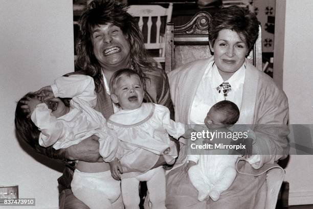 Ozzy and Sharon Osbourne with their screaming children l-r: Aimee aged 2, Kelly 1 and newborn baby Jack November 1985.