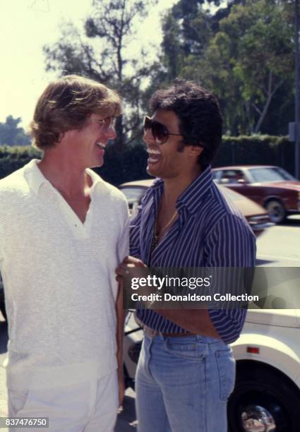 CHIPs stars Erik Estrada and Larry Wilxox attend SAG and AFTRA Actors On Strike in circa 1980 in Los Angeles, California.