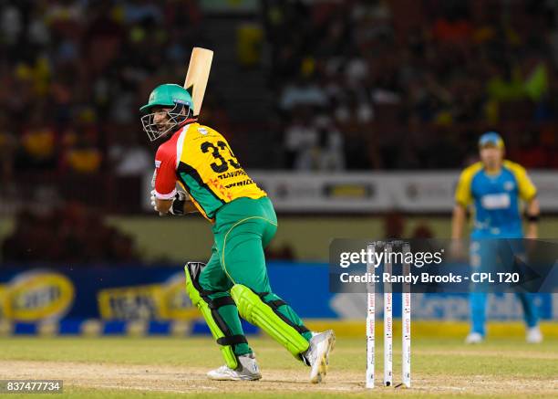 In this handout image provided by CPL T20, Sohail Tanvir of Guyana Amazon Warriors hits 4 during Match 21 of the 2017 Hero Caribbean Premier League...