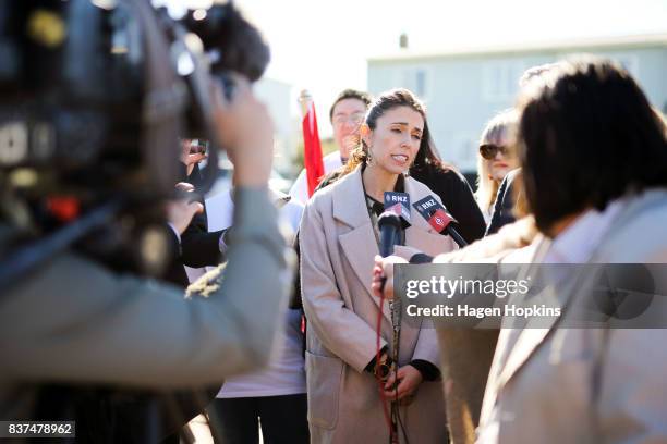 Labour leader Jacinda Ardern speaks to media during a housing announcement at Farnham Park on August 23, 2017 in Palmerston North, New Zealand....