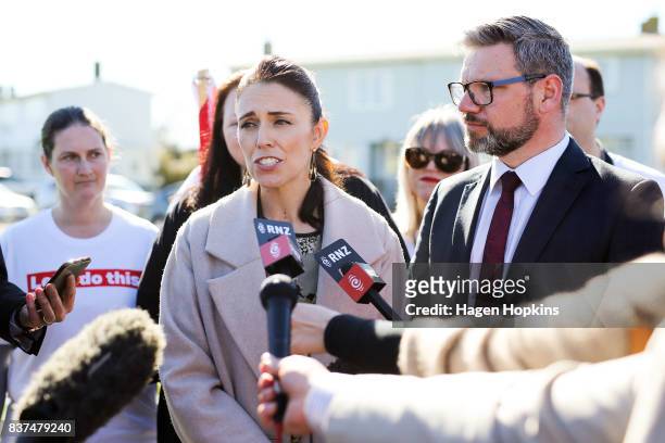 Labour leader Jacinda Ardern speaks to media while MP for Palmerston North, Iain Lees-Galloway, looks on during a housing announcement at Farnham...