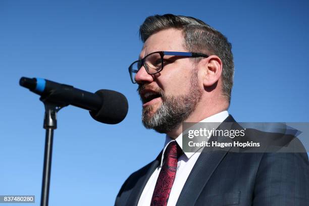 For Palmerston North, Iain Lees-Galloway, speaks during a housing announcement at Farnham Park on August 23, 2017 in Palmerston North, New Zealand....